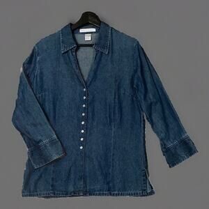 VTG Maggie & Max S Denim Shirt Blue Shacket Womens Pearl Snap L/Sleeve Collared